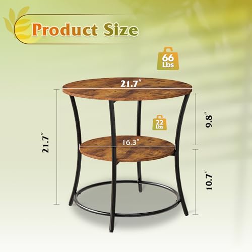 Side Table, Round End Table with 2 Storage Shelves for Living Room, Bedroom, Nightstand with Steel Frame for Small Spaces, Accent Coffee Table, Rustic Brown