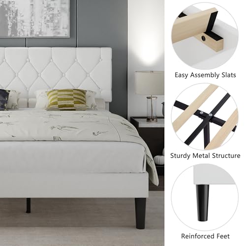 Full Bed Frame with Upholstered Tufted Headboard, Pure White, view 5