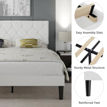 Full Bed Frame with Upholstered Tufted Headboard, Pure White, view 5