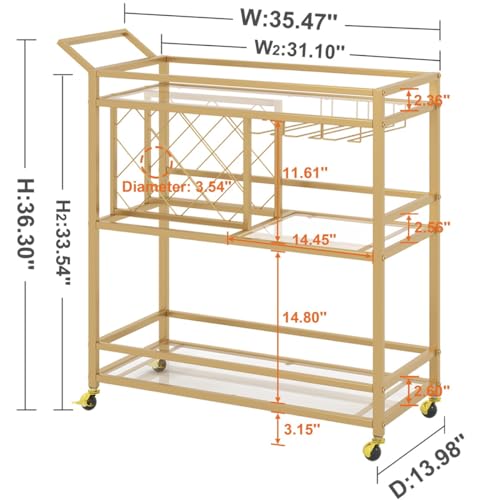 Bar Cart Gold, Home Bar Serving Cart with Wine Rack and Glasses Holder, view 4