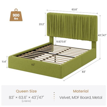 Queen Size Artisanal Pleated Velvet Bed Frame with Adjustable Headboard, view 3