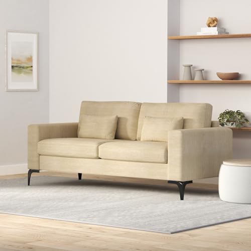 Tommy Hilfiger Austin Upholstered Sofa, Contemporary Square Arms Living Room Couch for Small Space, Plush Cushions, Wooden Frame and Legs, American Cream