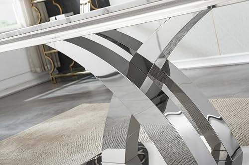 68.11" White Dining Table, Luxurious Marble Table Dining with 0.71" Thick Printed Marble Tabletop and Silver Stainless Steel Pedestal, Modern Kitchen Dining Room Table for 8