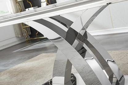 68.11" White Dining Table, Luxurious Marble Table Dining with 0.71" Thick Printed Marble Tabletop and Silver Stainless Steel Pedestal, Modern Kitchen Dining Room Table for 8