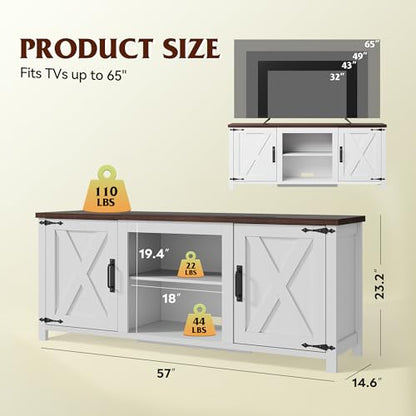 Modern Farmhouse TV Stand for TVs up to 65", Entertainment Center with X-Shaped Barn Doors, Large Storage Media TV Console with Adjustable Shelves & Cable Holes for Living Room, White