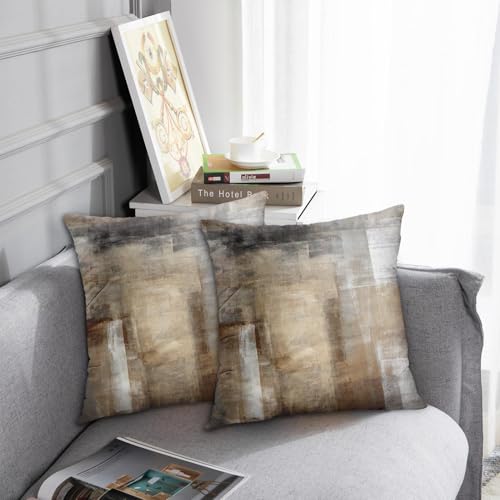 Throw Pillow Covers Modern Home Art Decor, 18 x 18 Inches Set of 2 Pillow Cases Decorative, Abstract Oil Painting Pillowcases for Bedroom, Living Room, Taupe Tan Grey Brown Beige