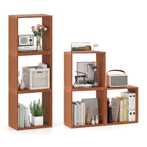 6 Cube Bookcases, Solid Wood Stacking Storage Organizers w/Open Slatted Design, Multifunctional DIY 6-Cube Shelving for Indoor Outdoor Use, Living Room, Bedroom, Balcony, Yard