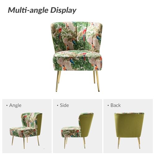 Accent Chair with Golden Metal Legs, Comfy Tufted Wingback Living Room Chair Floral Fabric Small Armless Side Chair, Upholstered Slipper Chair for Bedroom, Reading Room Flower Print