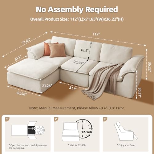 112" Cloud Couch Sectional with Padded Armrests & Moveable Ottoman Boneless Sectional Couches for Living Room White Couch, No Assembly Required