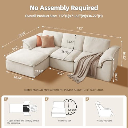 112" Cloud Couch Sectional with Padded Armrests & Moveable Ottoman Boneless Sectional Couches for Living Room White Couch, No Assembly Required