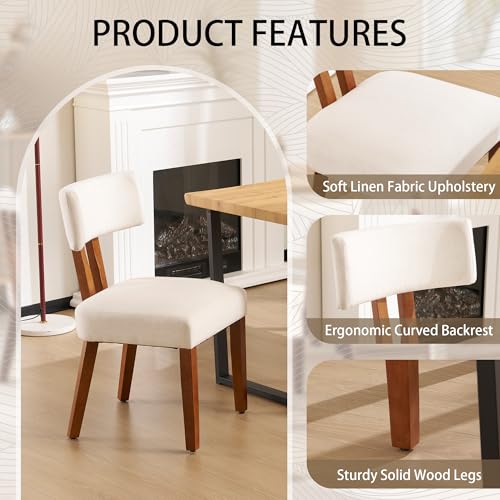 Dining Chairs Set of 4, Mid Century Modern Kitchen Chair Linen Fabric Side Chairs with Curved Backrest for Kitchen, Dining Room, Restaurant, or Patio, Off-White