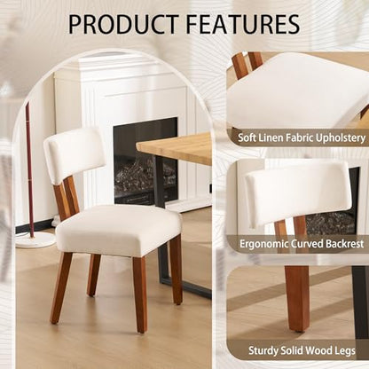 Dining Chairs Set of 4, Mid Century Modern Kitchen Chair Linen Fabric Side Chairs with Curved Backrest for Kitchen, Dining Room, Restaurant, or Patio, Off-White