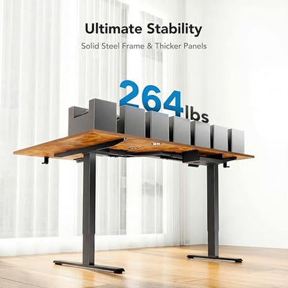 Dual Motor 63x40 inch L Shaped Electric Standing Desk with 3 Preset Heights, Electric Height Adjustable Computer Table, 2 Hooks & Cable Tray, Raising Desk for Home Office, Vintage Brown