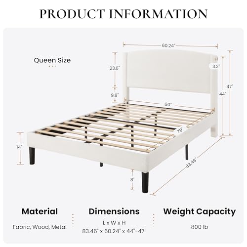 Soft Teddy Fabric Bed Frame Queen Size, Curved Headboard, White, view 3