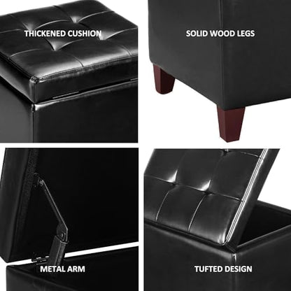Storage Ottoman Foot Rest Stool, Leather Ottoman Footstool with Wood Legs and Hinged Lid, 18" Small Foot Stool Bench for Living Room, Bedroom, Black