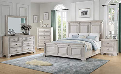 Renova Distressed Parchment Wood Bedroom Set, King Panel Bed, Dresser, Mirror, Nightstand, Chest