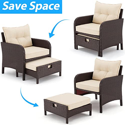 5 Pieces Patio Furniture Set, Outdoor Rattan Chairs with Tempered Glass Coffee Table, Ottomans & Soft Cushions, Wicker Conversation Bistro Set for Garden, Deck, Balcony, Poolside(Khaki)