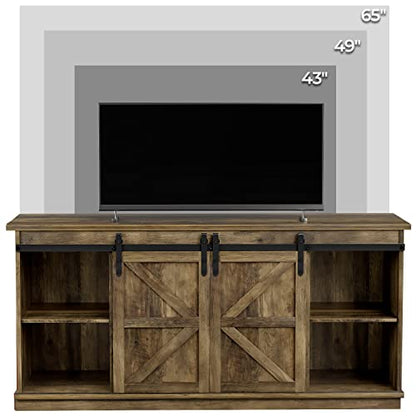 ZPK Farmhouse TV Stand for 65 Inch TV, Modern Television Stands Mid Century Media Entertainment Center with Sliding Barn Doors and Storage Cabinets, Console Table for Living Room, Bedroom (Rustic Oak)