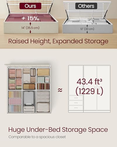 VASAGLE Lift Up Storage Bed Frame, King Size, Upholstered Headboard, view 3