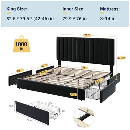 King Size Storage Bed Frame, Vertical Channel Tufted Adjustable Headboard, view 3