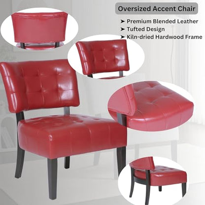 Blended Leather Tufted Accent Chair with Oversized Seating, Red