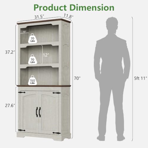 70'' Farmhouse White Bookcase Bookshelf, 5-Tier Bookcase with Doors Storage, view 3