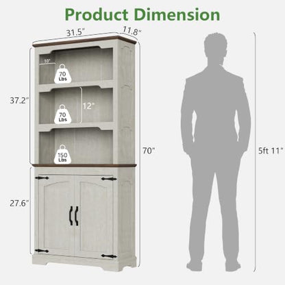 70'' Farmhouse White Bookcase Bookshelf, 5-Tier Bookcase with Doors Storage, view 3