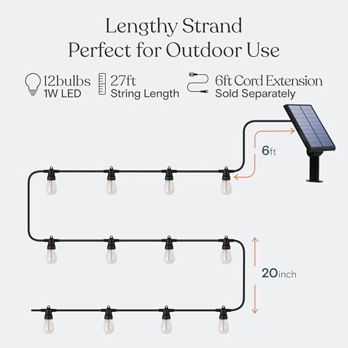 Ambience Pro Solar Powered Outdoor String Lights - Commercial Grade Patio Lights with 27 Ft Edison Bulbs - Shatterproof LED Solar String Lights - 1W LED, Warm White Light