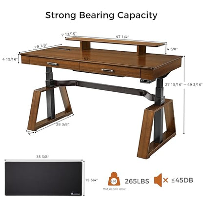 63" Standing Desk with Drawers, App Controlled Adjustable Desk, Executive Sit Stand Desk, Modern Home Office Computer Desk with Monitor Stand, Golden Walnut