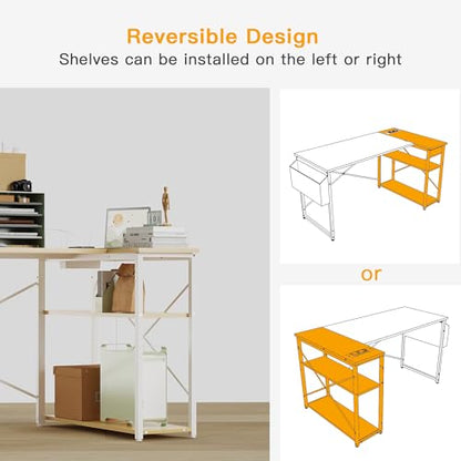 L-Shaped Computer Desk with Power Outlets, Reversible Shelves, view 7