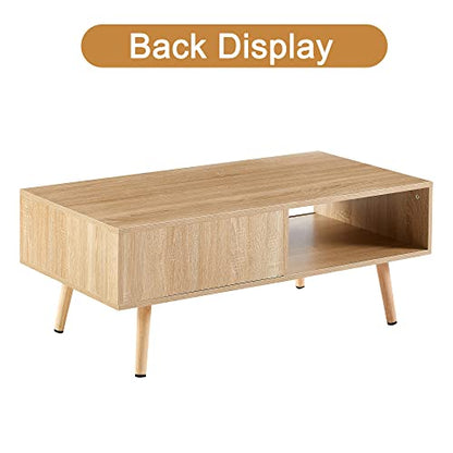 Mid Century Modern Coffee Table with Storage, 41.3 Inch Rectangle Wooden Accent Center Table with Sliding PE Rattan Woven Door Panel and Solid Wood Legs, Suitable for Living Room, Apartment