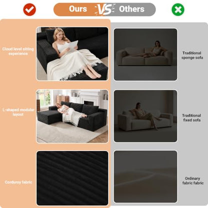 97" Cloud Couch Sectional, L Shaped Boneless Couch Sectional Couches for Living Room, Modern Comfy Corduroy Fluffy Modular Sofa with Deep Seat, No Assembly (Black, Left Facing Chaise)
