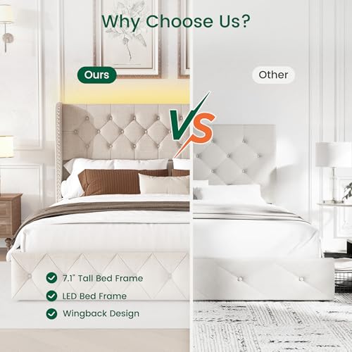 King Size Bed Frame with LED Lights and 4 Storage Drawers Linen Upholstered, view 7