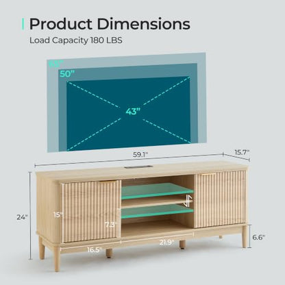 Mid Century Modern Fluted TV Stand for 65" TV, Natural Oak, view 4