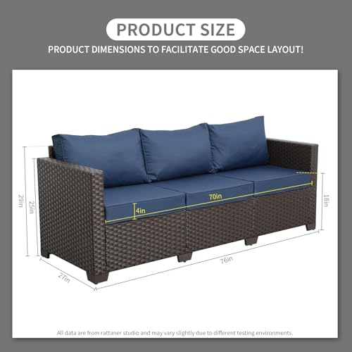 3-Seat Patio Wicker Sofa, Outdoor Rattan Couch Furniture Steel Frame with Furniture Cover and Deep Seat High Back, Blue Anti-Slip Cushion.