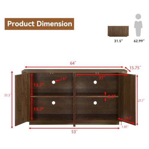 64" Fluted Buffet Cabinet with Storage, Walnut Sideboard Cabinet, view 3