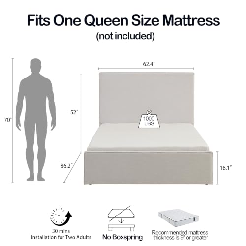 Queen Size Upholstered Bed Frame, 52" High Headboard Bedframe, view 3