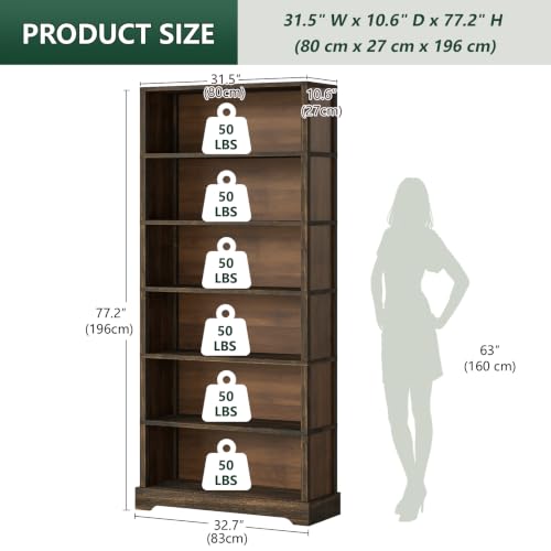 6 Tiers Wooden Bookshelf, 77.2" Tall Farmhouse Style Open Bookcase, view 3