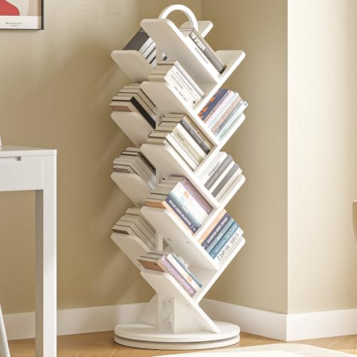 16-Tier Tree Rotating Bookshelf, 360 Degree Spinning Standing Bookcase for Magazines DVDs Books, Corner Bookcase for Living Room Bedroom Study, White