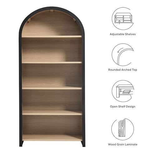 Evie Modern Arched Wide Bookcase in Black, 76 Inch Open Shelf Display Cabinet, view 5