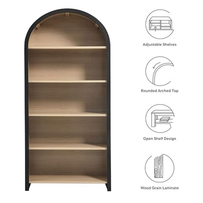 Evie Modern Arched Wide Bookcase in Black, 76 Inch Open Shelf Display Cabinet, view 5
