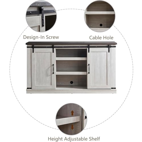 Modern Farmhouse Wood TV Stand for TVs up to 65 Inch, Home Living Room Storage Table TV Stands Cabinet Doors and Shelves Entertainment Center, Stone Grey