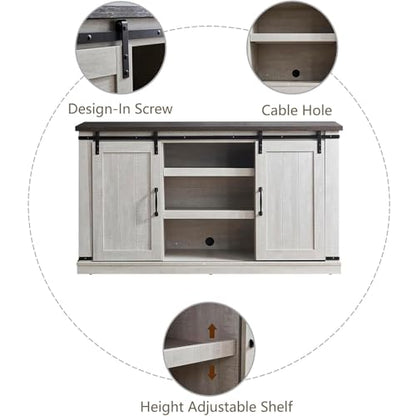 Modern Farmhouse Wood TV Stand for TVs up to 65 Inch, Home Living Room Storage Table TV Stands Cabinet Doors and Shelves Entertainment Center, Stone Grey