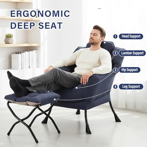 Lazy Chair with Ottoman, Modern Lounge Chair with Lumbar Pillow, Accent Cozy Reading Armchair and Folding Footstool for Bedroom, Dorm, Living Room,Navy