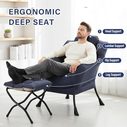 Lazy Chair with Ottoman, Modern Lounge Chair with Lumbar Pillow, Accent Cozy Reading Armchair and Folding Footstool for Bedroom, Dorm, Living Room,Navy