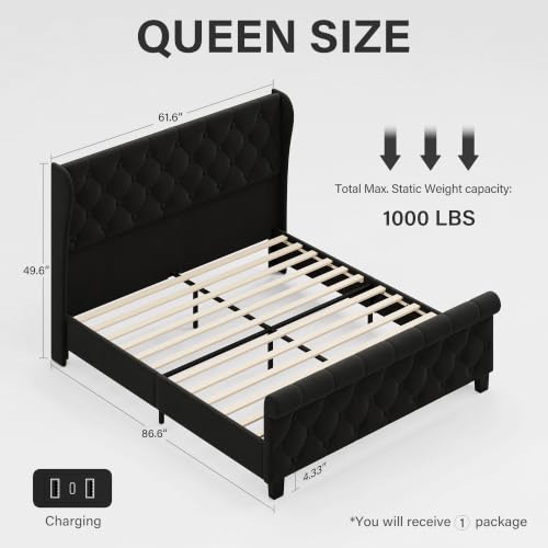 Queen Size Bed Frame with Headboard, Velvet Upholstered Bed Frame, view 3