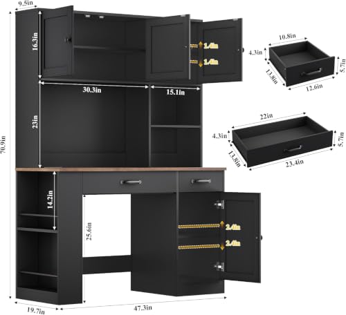 71" Tall Computer Desk with Hutch, LED & Charging Station, Black, view 4