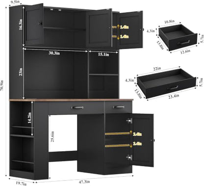 71" Tall Computer Desk with Hutch, LED & Charging Station, Black, view 4