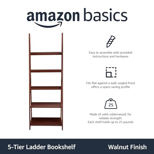 5-Tier Ladder Bookshelf Storage Organizer, Solid Rubberwood Frame, view 5