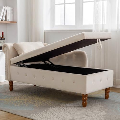 Beige Velvet Chaise Lounger with Storage for Bedroom & Living Room, view 7